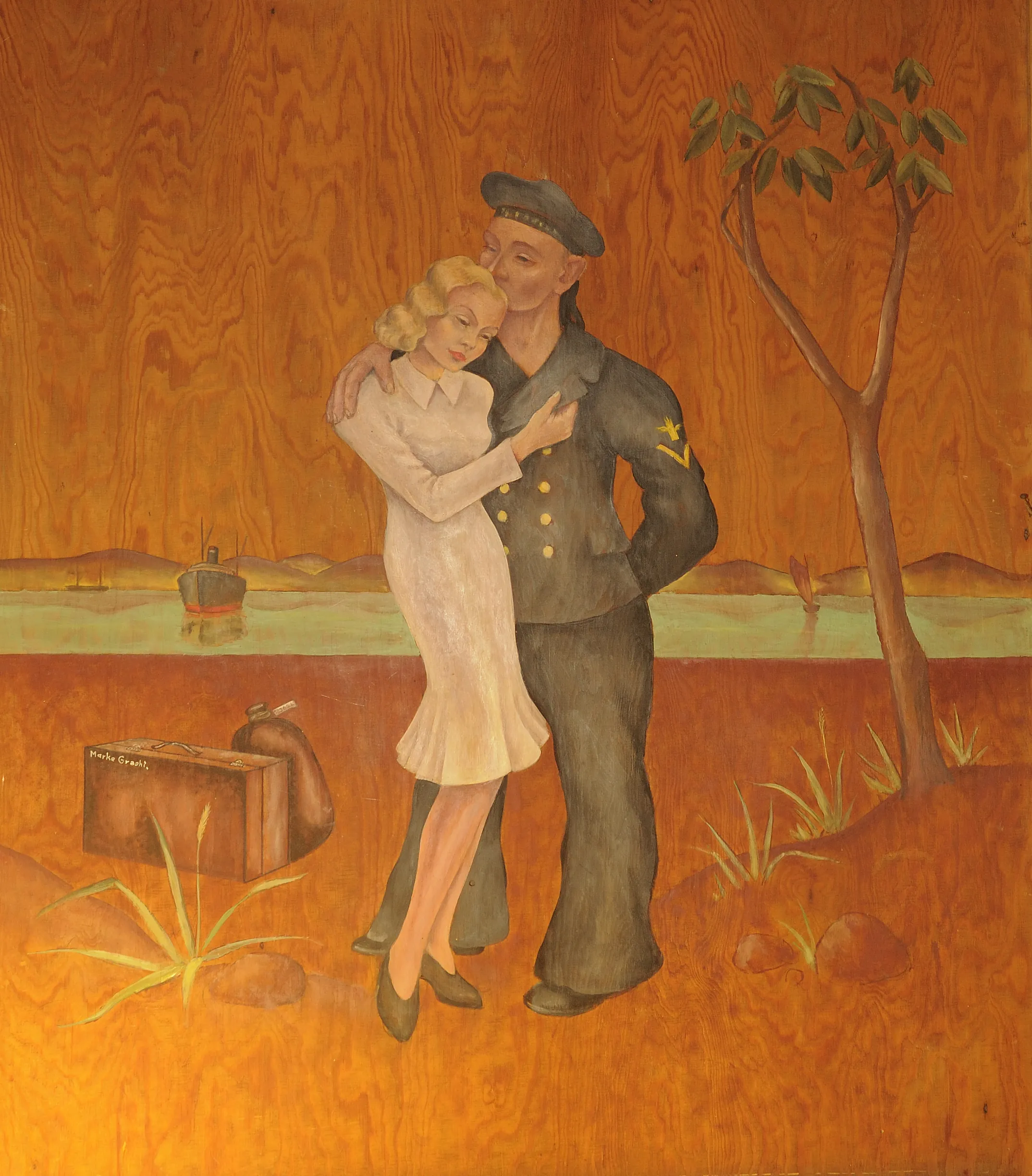 Veggmaleri av en soldat og en kvinne som omfavner hverandre, med et tre og en koffert