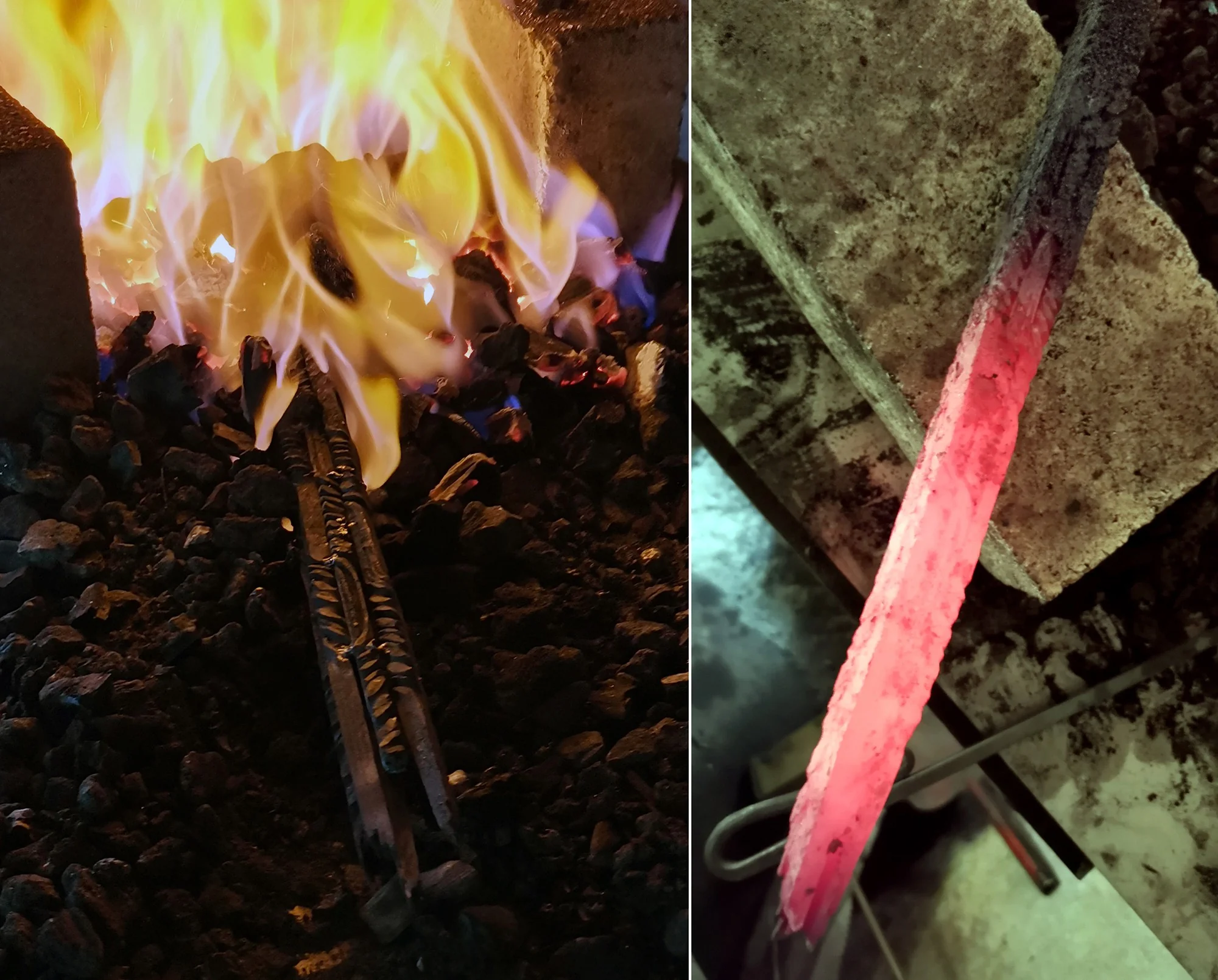 To bilder side om side: vridde jernstaver ligger i glødende kull med flammer over, og et rødglødende sverdblad holdes mot en stein i smia.