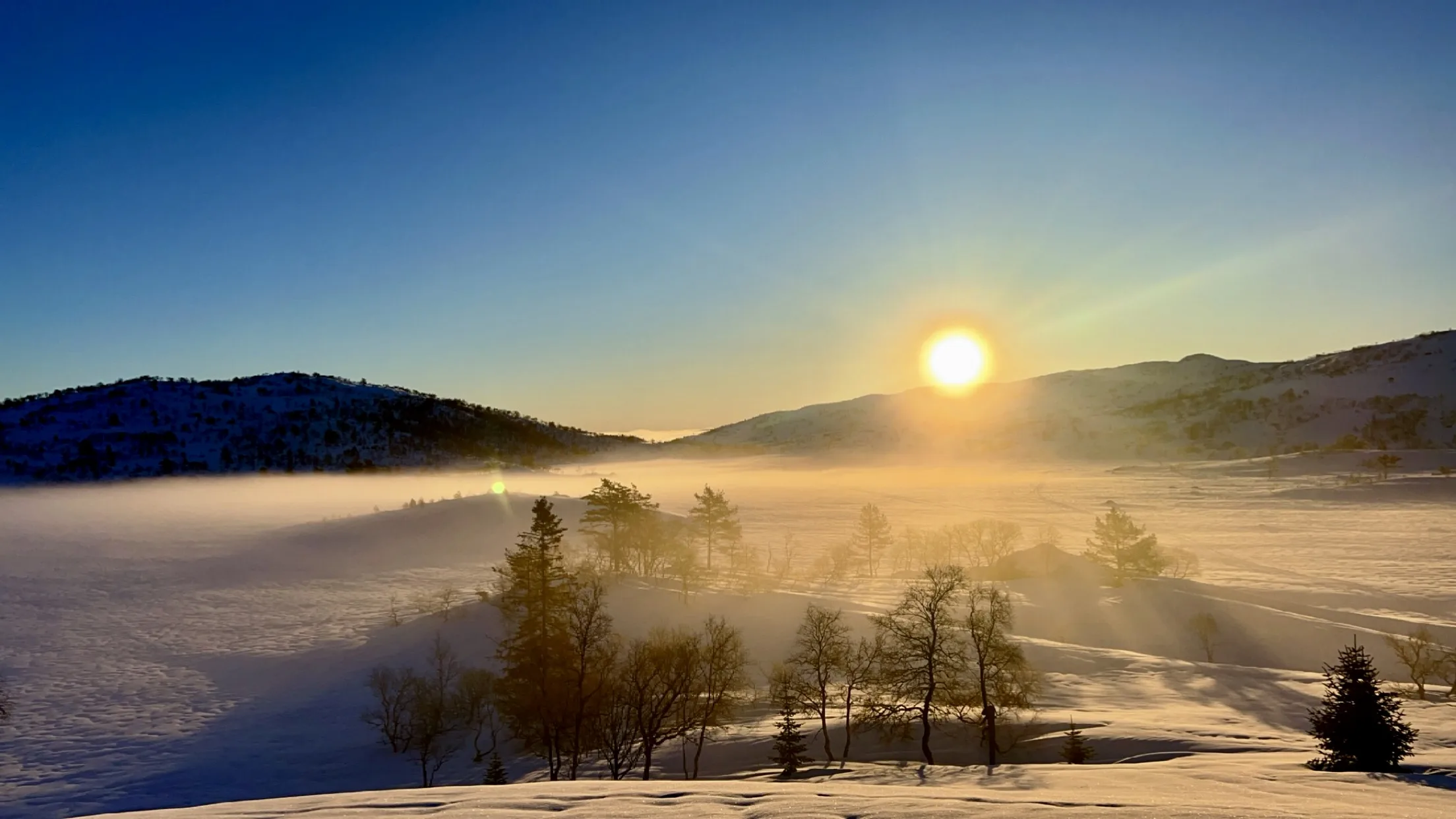 Snødekt fjellandskap i solnedgang, med lave trær og frostrøyk over snøen