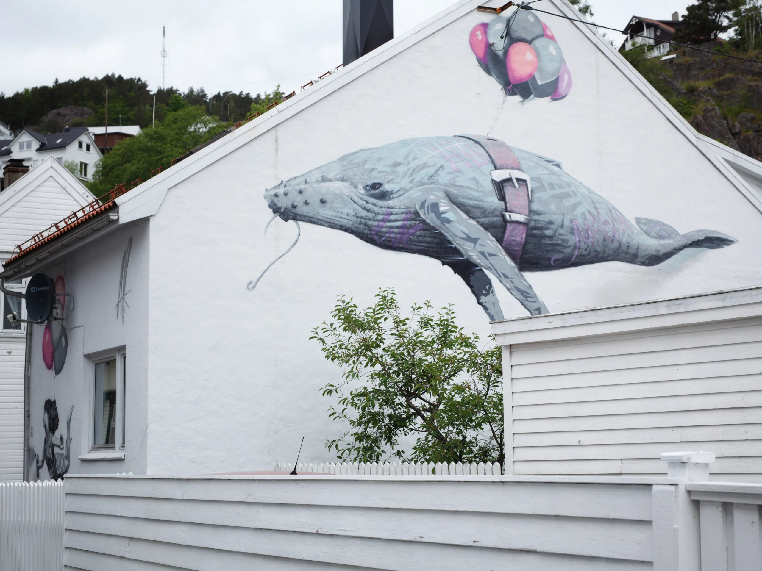 Gatekunst på et hvitt trehus: en knølhval som svever i sele under en rosa ballong