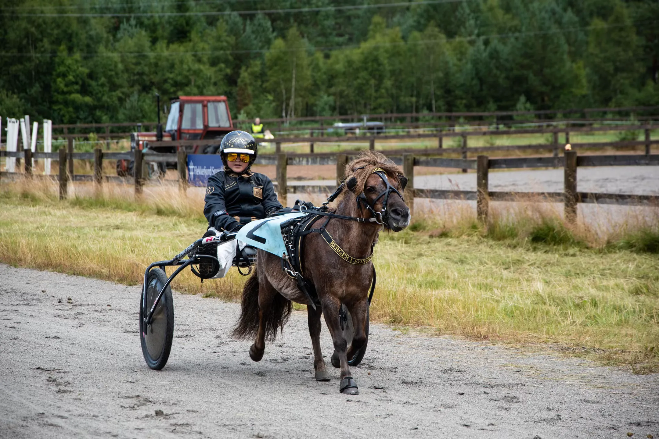 En ung kusk i hjelm og gule briller kjører en liten brun ponni med sulky på grusbanen, med en rød traktor og skog bak gjerdet