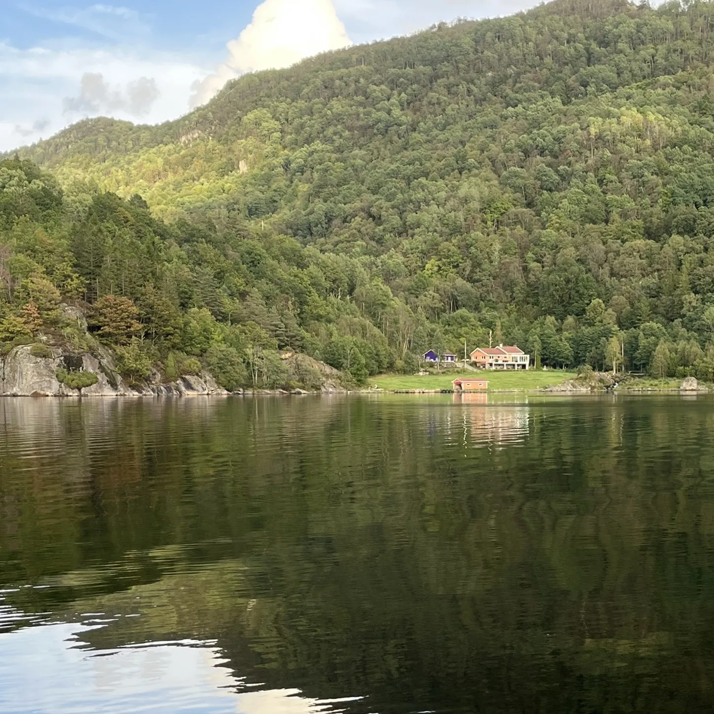 Blikkstille fjord som speiler en bratt, skogkledd li, med et hvitt gårdshus og en naust nede ved vannet