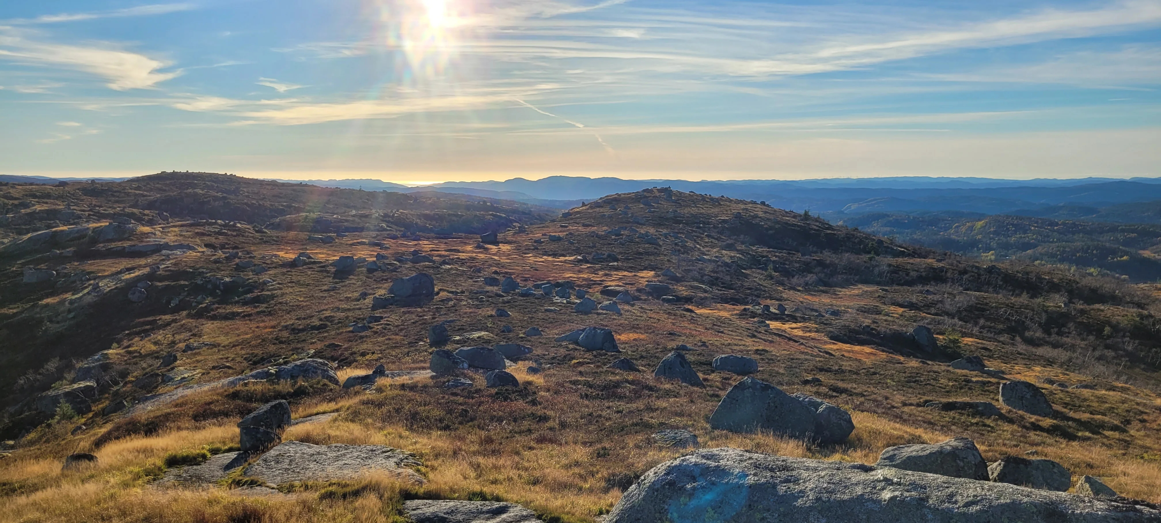 Lyng, svaberg og store steiner på fjellet en solrik dag, med blå åser utover mot horisonten