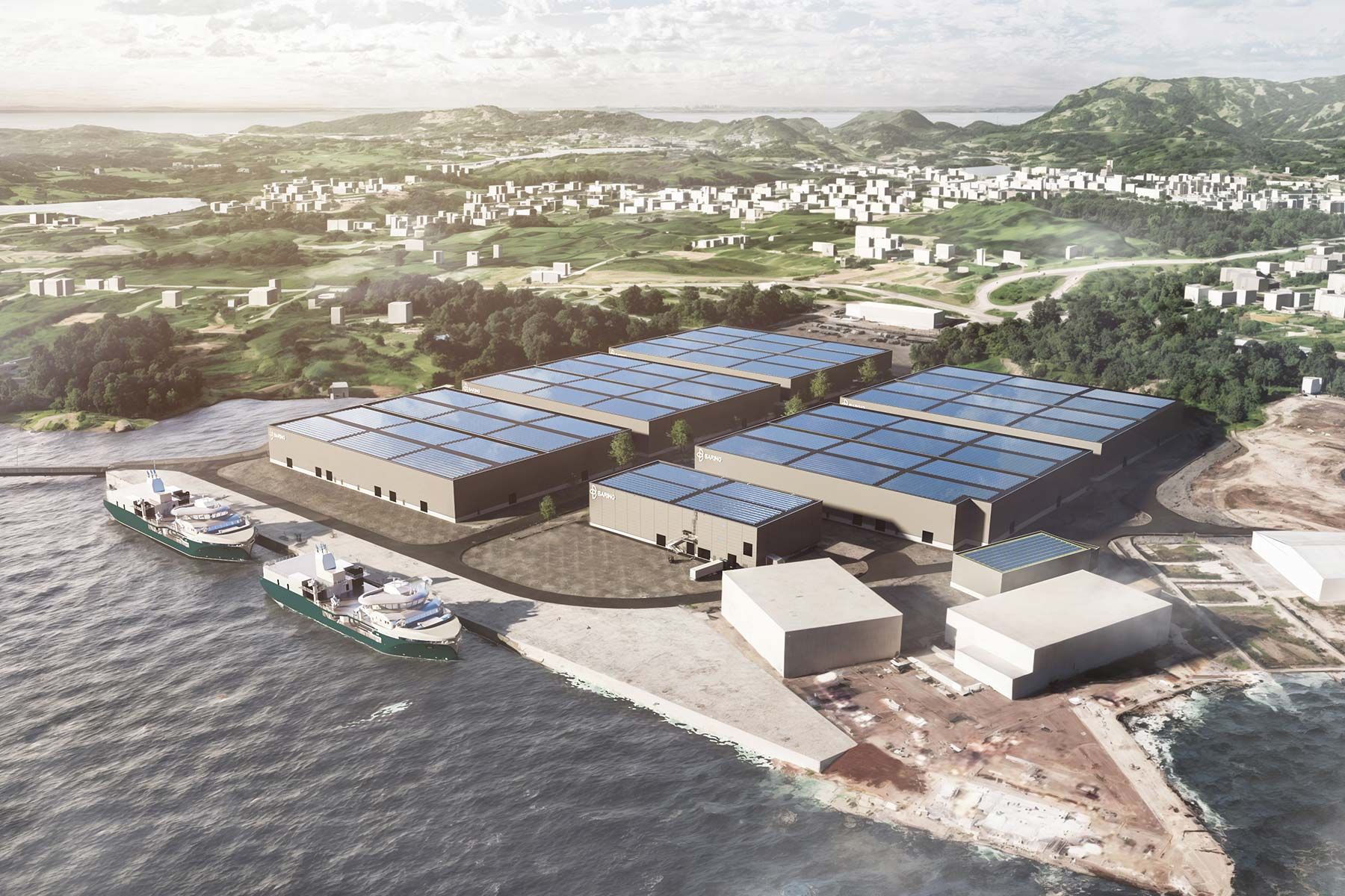 Aerial photo of Baring's facility in Lista in Farsund, with factory buildings covered in solar panels and two ships docked at the quay.