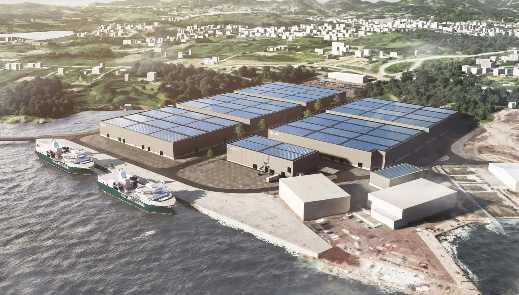 Luftfoto av Barings anlegg på Lista, med store fabrikkbygg og skip ved kai i forgrunnen.