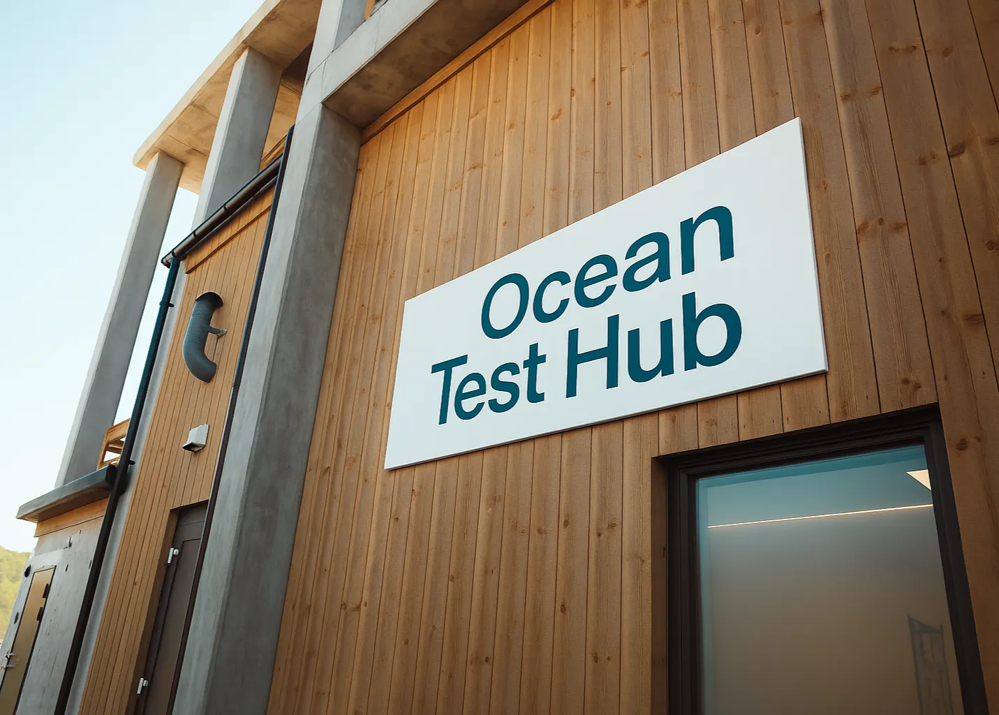 Fasaden til Ocean Test Hub med bedriftens skilt på trekledning