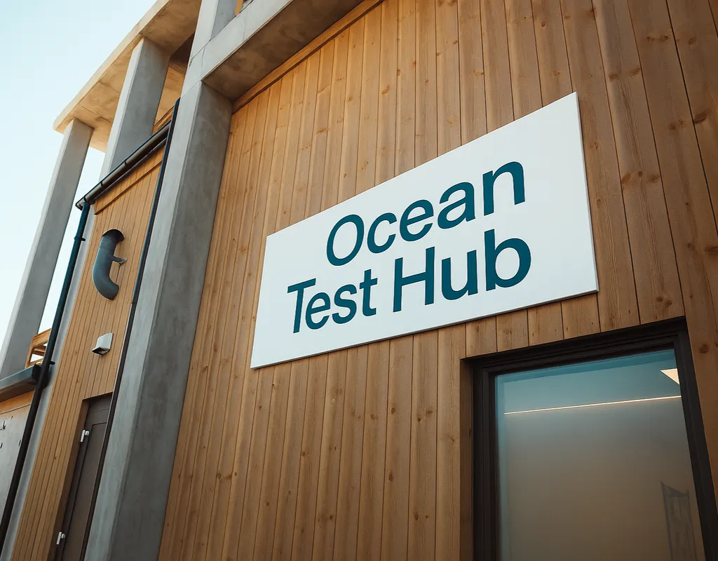 Fasaden til Ocean Test Hub med bedriftens skilt på trekledning