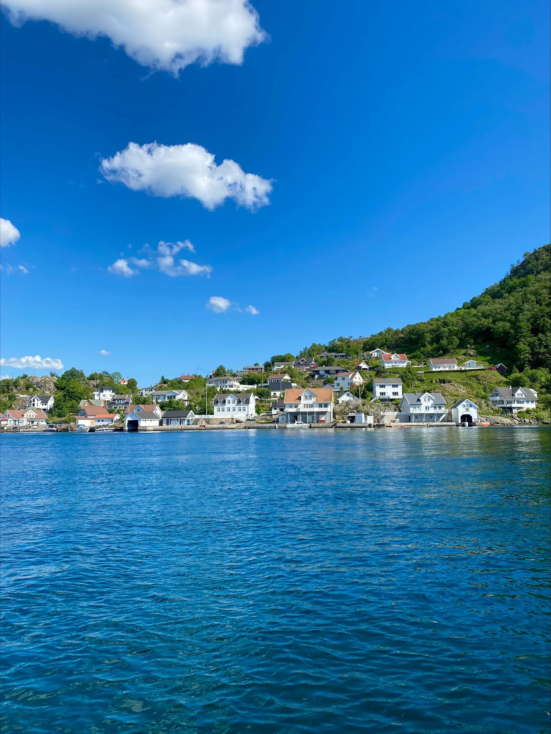 Bygda på Andabeløy sett fra fjorden, med hvite hus under en grønn ås og blå himmel