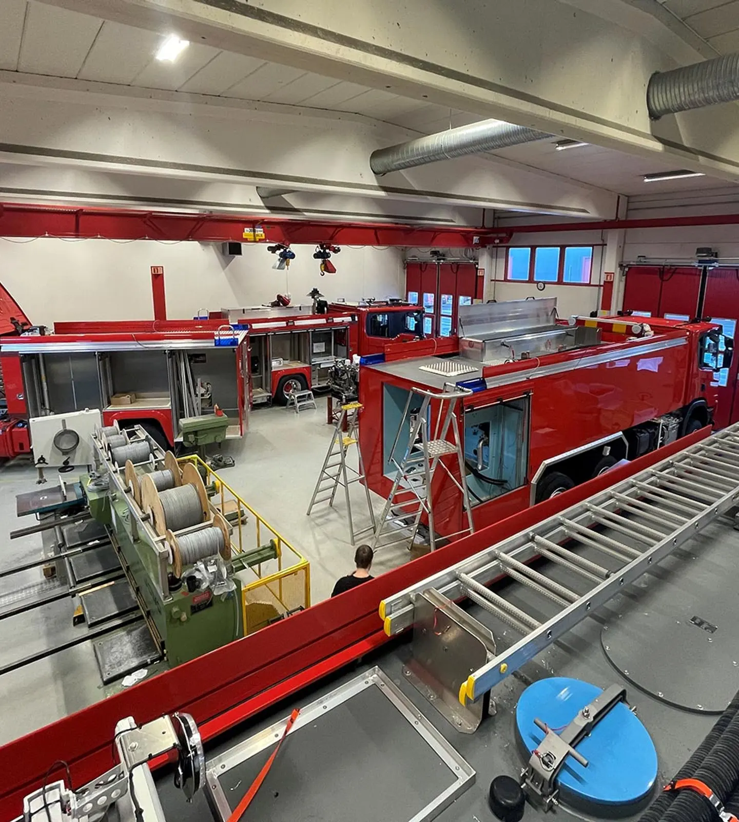 Fire trucks under construction in the production hall at Egenes Brannteknikk in Flekkefjord